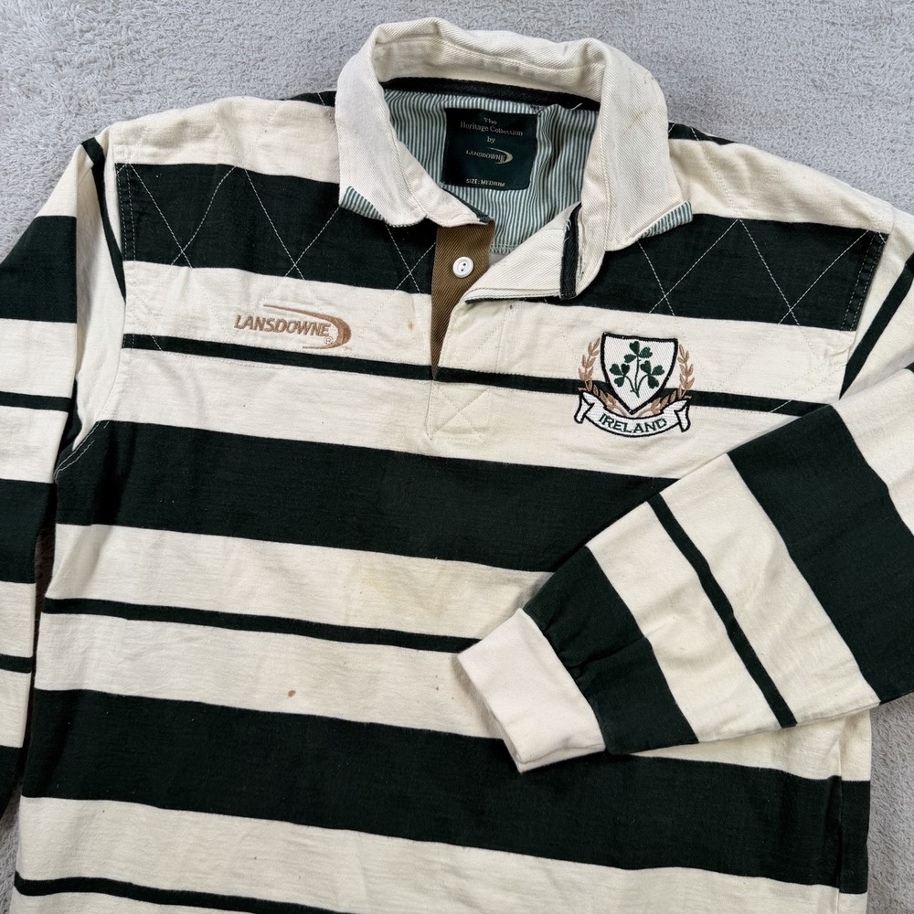 Lansdowne Rugby Shirt Mens Medium Green Ireland Striped Heavyweight Long Sleeve